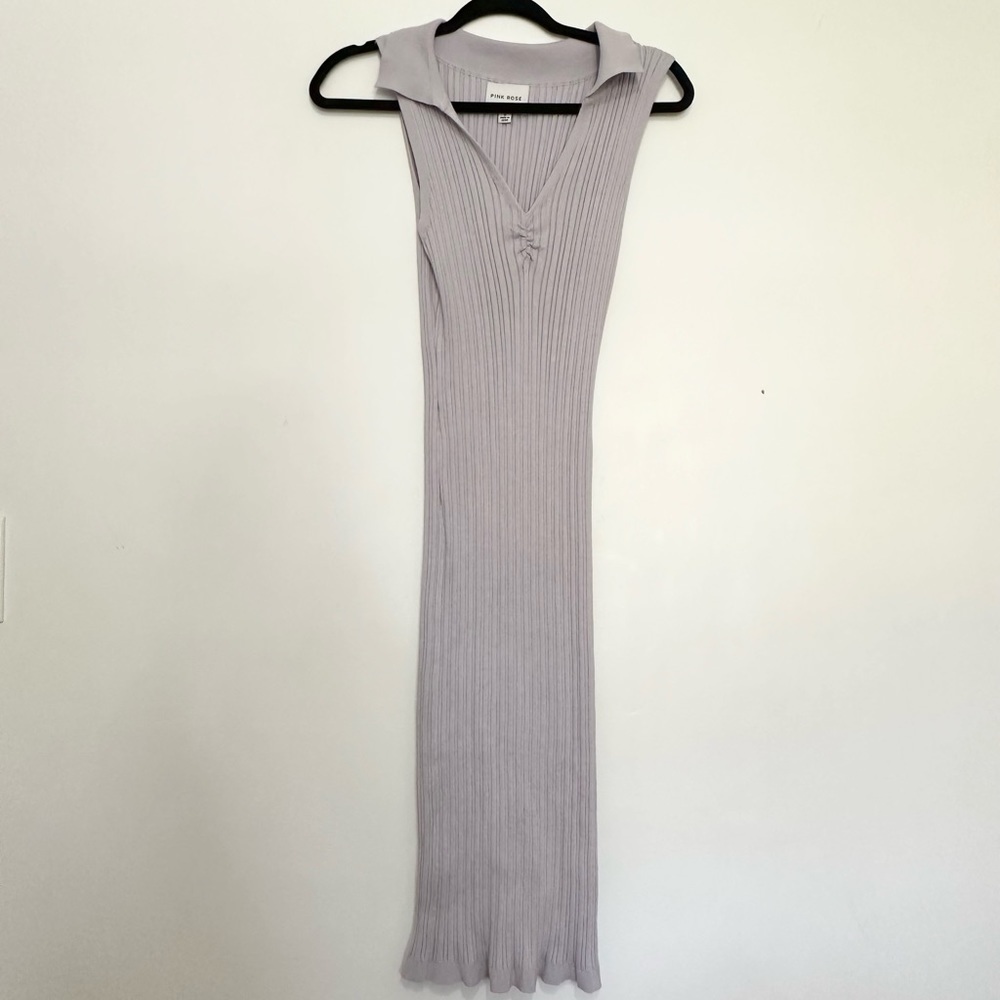 Pink Rose ribbed knit lilac pastel midi dress v neck collared neck size medium